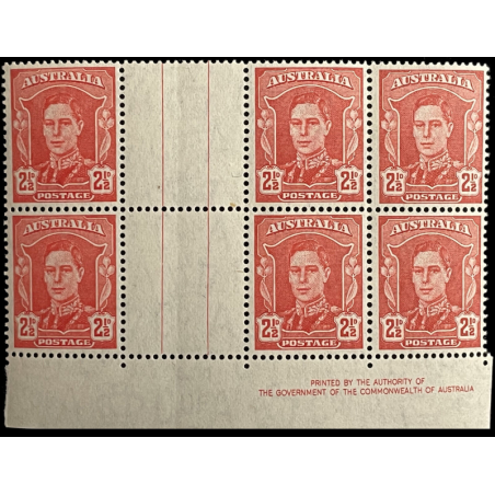 AUSTRALIA 1942 2 1/2d SCARLET KGVI IMPRINT BLOCK (6) MNH