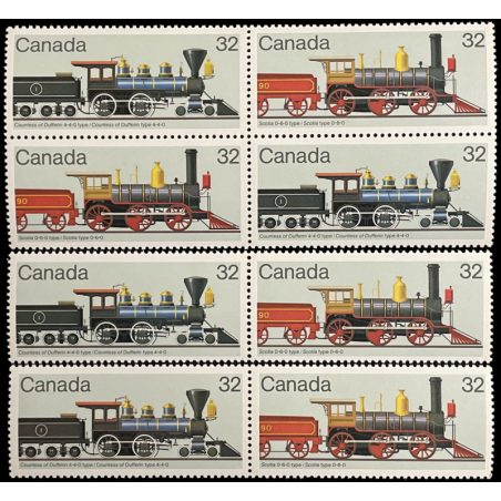 TRAINS 32¢ CANADA POSTAGE STAMP, MNH, 1984 LOCOMOTIVES, UNUSED, LOT OF 8