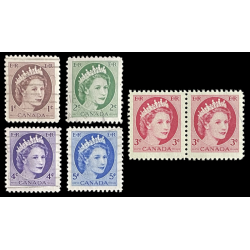 CANADA POSTAGE STAMPS, QUEEN ELIZABETH II, 1c, 2c, 3c, 4c, 5c, 1950s SET OF 6