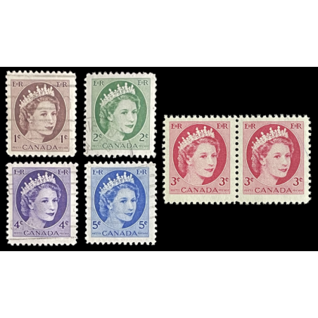 CANADA POSTAGE STAMPS, QUEEN ELIZABETH II, 1c, 2c, 3c, 4c, 5c, 1950s SET OF 6
