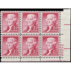 THOMAS JEFFERSON 2c US POSTAGE STAMPS, MNH, 1959 BRIGHT ROSE, BLOCK OF 6
