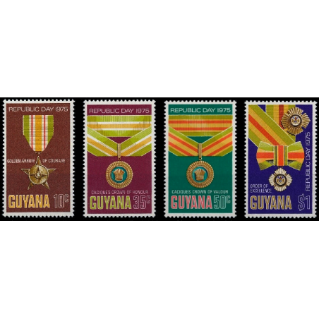 GUYANA MEDAL STAMPS, MNH, REBUBLIC DAY 1975, SET OF 4, SCARCE