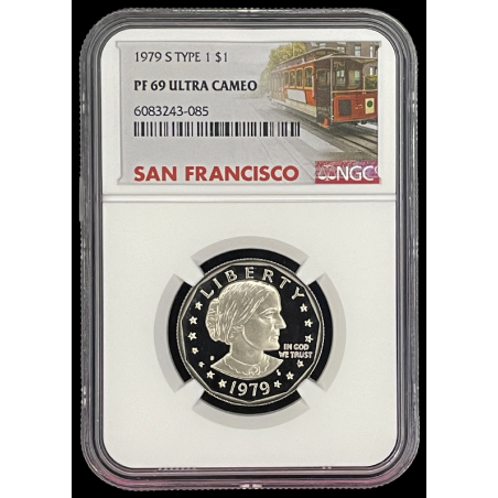 1979-S $1 TYPE 1, NGC PF69 ULTRA CAMEO PROOF, SUSAN B. ANTHONY DOLLAR, SBA TROLLEY