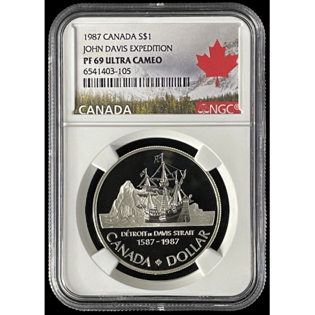 1987 PF69 UCAM CANADA $1, SILVER DOLLAR, JOHN DAVIS EXPEDITION, NGC