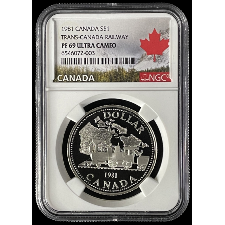 1981 PF69 CANADA $1, SILVER DOLLAR, TRANS-CANADA RAILWAY, NGC