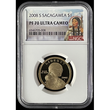 2008-S SACAGAWEA PROOF COIN, NGC PF70 ULTRA CAMEO SACAGAWEA LABEL