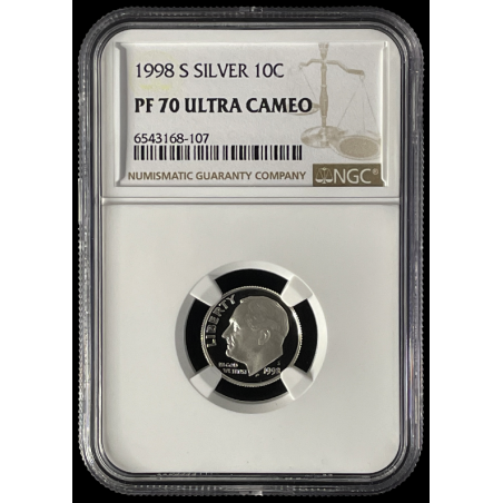 1998-S SILVER 10C, PF70 ULTRA CAMEO, NGC US