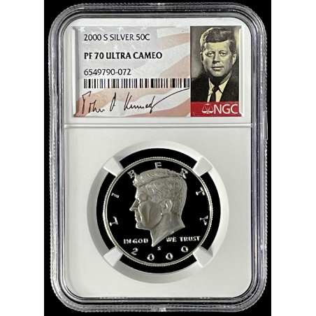 2000-S SILVER PROOF KENNEDY 50C, PF70 ULTRA CAMEO, SIGNATURE LABEL