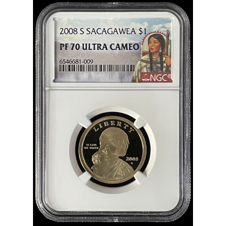 2008-S SACAGAWEA PROOF COIN, NGC PF70 ULTRA CAMEO SACAGAWEA LABEL