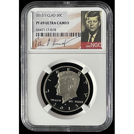 2013-S SILVER PROOF KENNEDY 50C, PF69 ULTRA CAMEO SIGNATURE LABEL