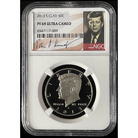 2013-S SILVER PROOF KENNEDY 50C, PF69 ULTRA CAMEO SIGNATURE LABEL