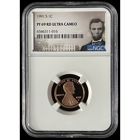 1991-S LINCOLN PENNY PROOF COIN, 1C NGC PF69 RD ULTRA CAMEO LINCOLN LABEL