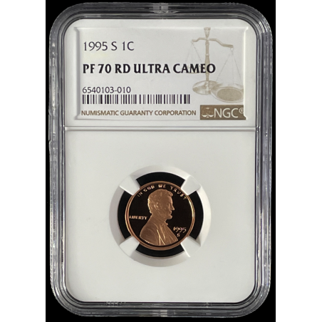 1995-S LINCOLN PENNY PROOF COIN, 1C NGC PF70 RD ULTRA CAMEO