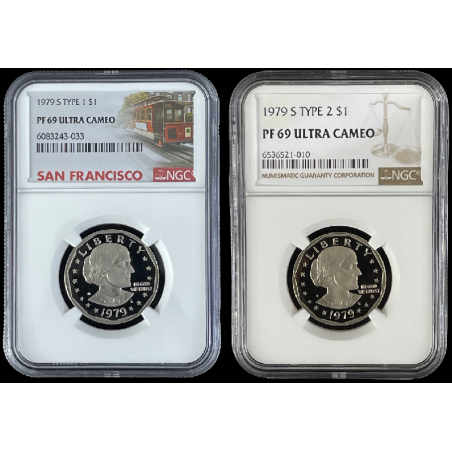 1979-S $1 TYPE 1, TYPE 2, NGC PF69 ULTRA CAMEO PROOF, SUSAN B. ANTHONY DOLLAR, ONE TROLLEY LABEL