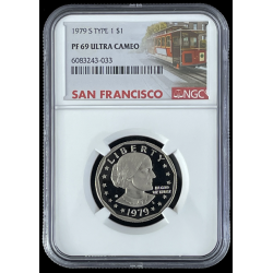 1979-S $1 TYPE 1, TYPE 2, NGC PF69 ULTRA CAMEO PROOF, SUSAN B. ANTHONY DOLLAR, ONE TROLLEY LABEL