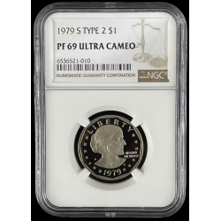 1979-S $1 TYPE 1, TYPE 2, NGC PF69 ULTRA CAMEO PROOF, SUSAN B. ANTHONY DOLLAR, ONE TROLLEY LABEL